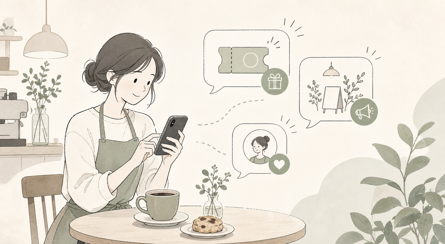 カフェのLINE活用をイメージしたイラスト
