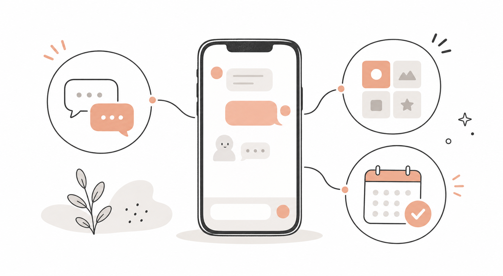 飲食店のLINE公式アカウントでスマートフォンからメッセージ、メニュー、予約へつながる流れのイラスト